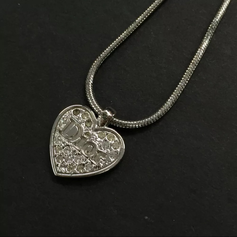 Christian Dior Heart Rhinestone Silver Vintage Pendant Necklace